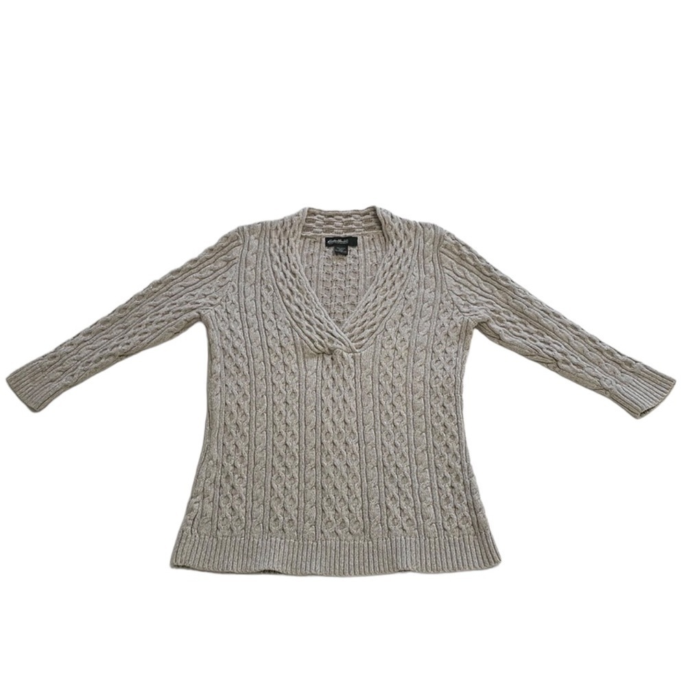 Eddie Bauer Vintage Cable Knit Cotton V-Neck Sweater 3/4 Sleeve - Size Medium
